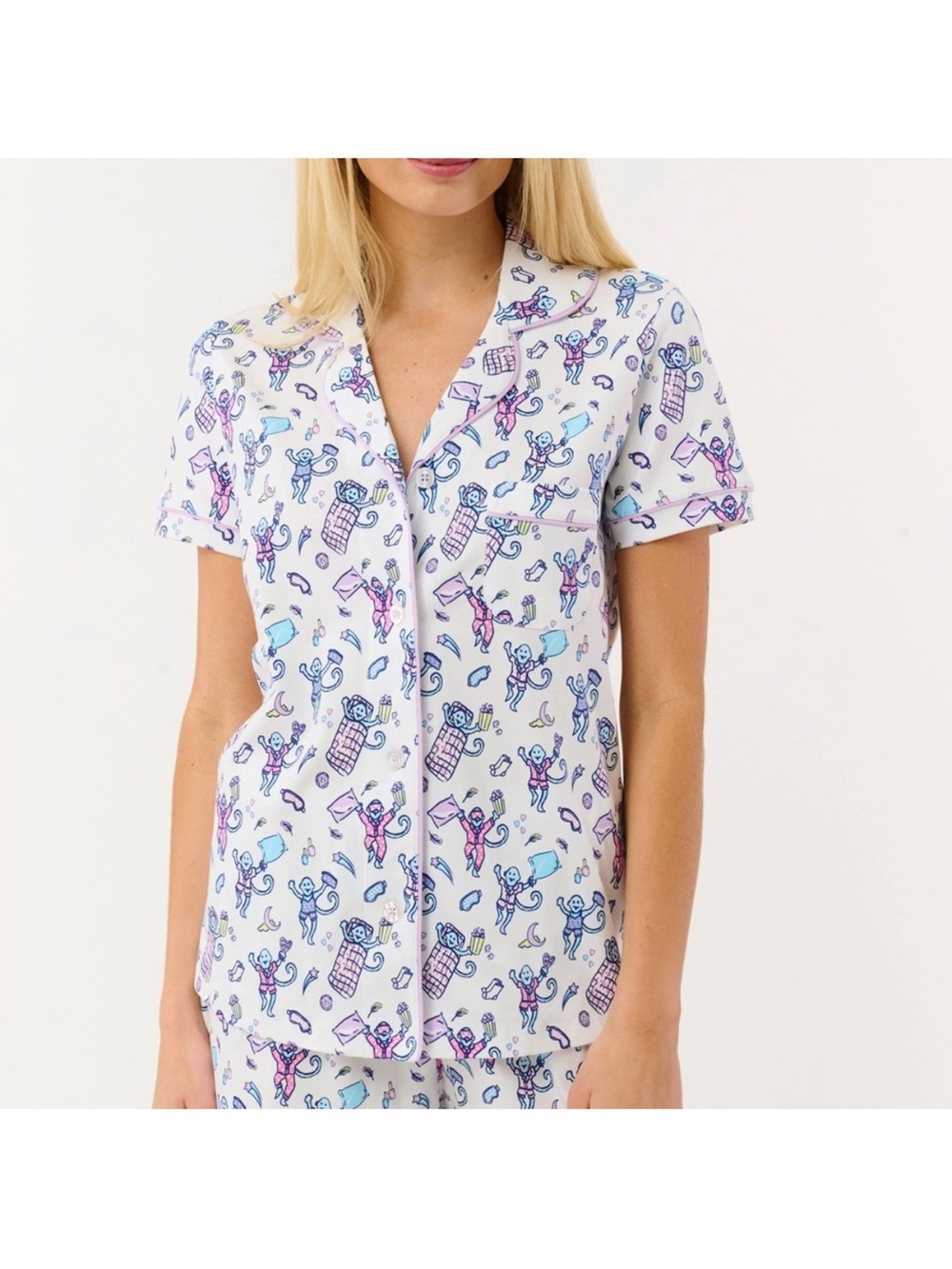 Roller Rabbit White Short-Sleeve Pajama Top with Blue & Pink Print